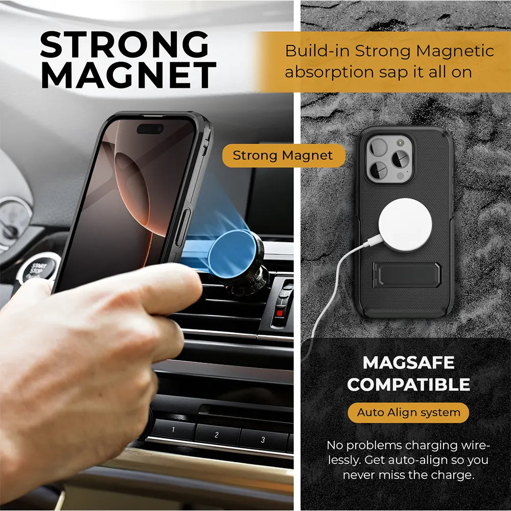 A black iPhone case with a built-in strong magnet, compatible with MagSafe wireless charging. The image shows the case attached to a magnetic car mount and being wirelessly charged