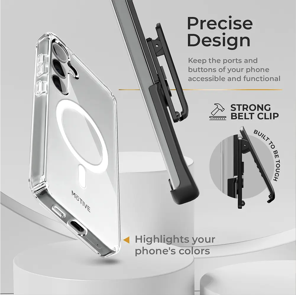 Galaxy S24 Clear Case & Holster showcasing precise design with strong belt clip, highlighting phone colors.