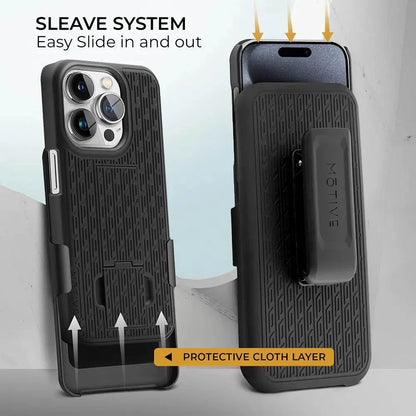 iPhone 15 Pro case with belt clip, rugged design, 360° protection, built-in kickstand, and card slot.