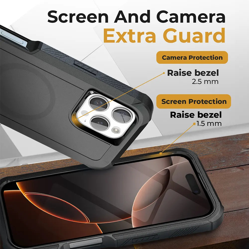 Rugged iPhone 16 Pro Max case with belt clip, featuring screen and camera bezel protection.