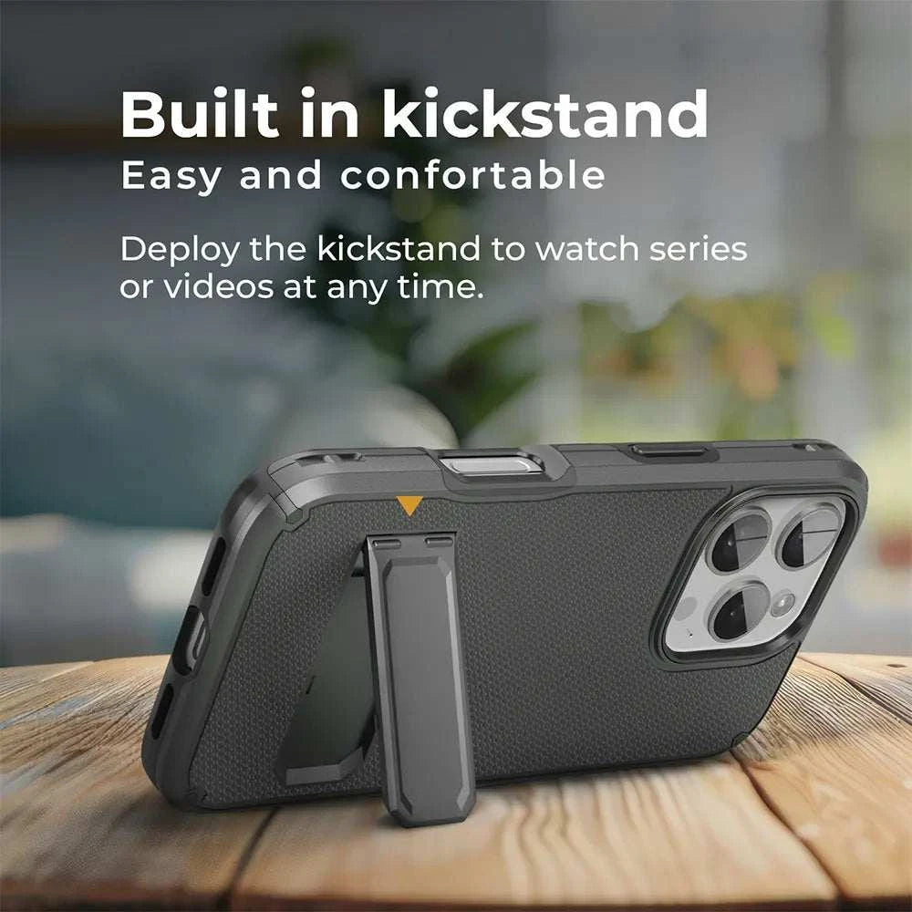 Black iPhone 16 Pro case with a built-in kickstand for hands-free viewing. The case offers multiple viewing angles for watching videos or making video calls. #iPhone16Procasekickstand