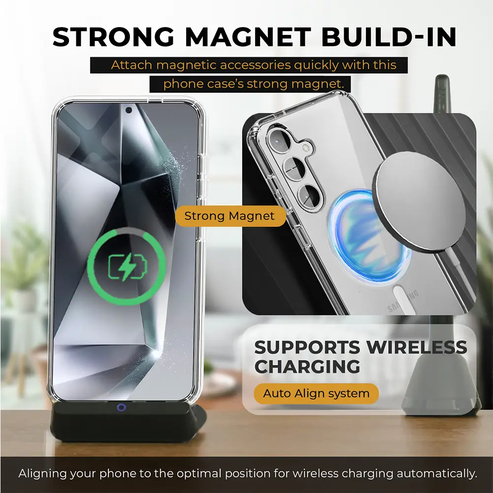 Galaxy S24 Clear Case & Holster with strong magnet build-in and wireless charging support.