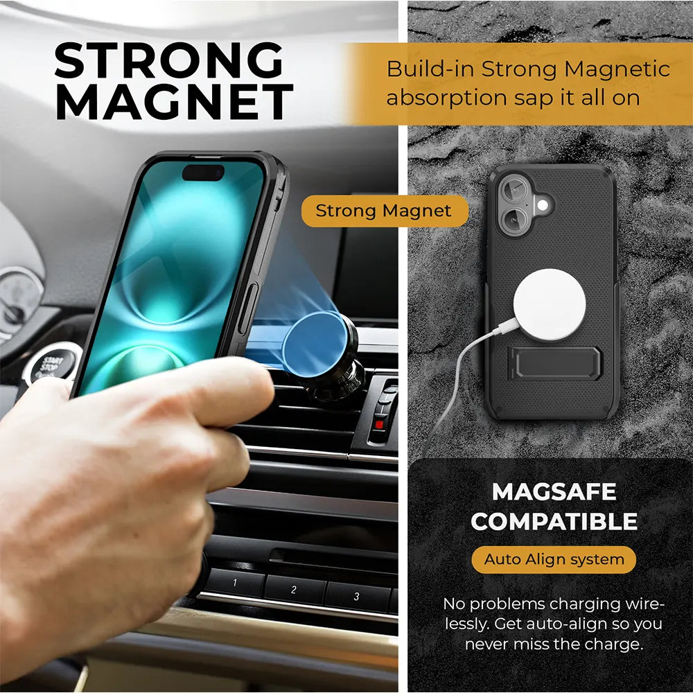 A hand holding an iPhone 16 case with clip securely attached to a magnetic car mount. The case features a built-in strong magnet for wireless charging compatibility