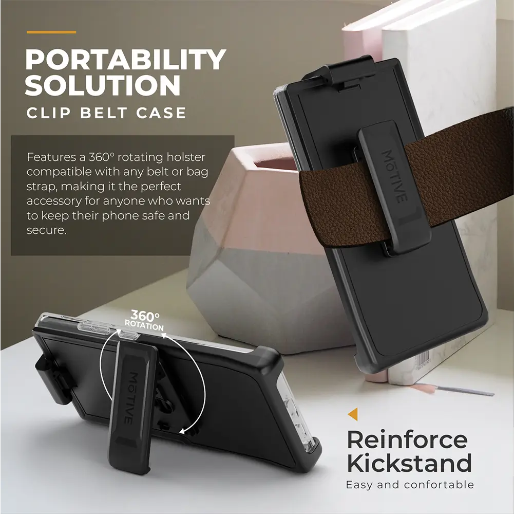 Clear Galaxy S24 Ultra phone case with holster, featuring 360-degree rotating clip, showcasing portability and reinforced kickstand.