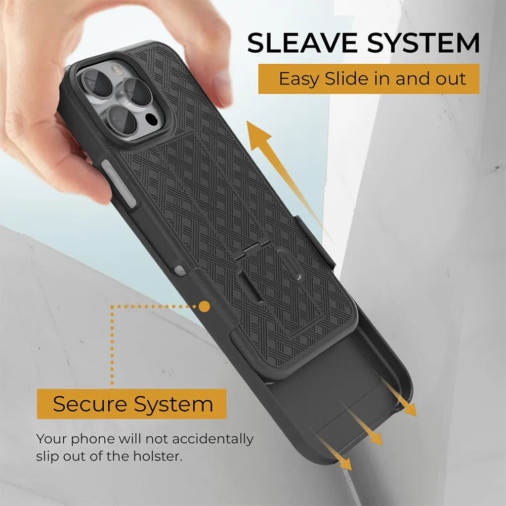 Experience the convenience of a secure sleeve system with this black holster case for your iPhone 16 Pro Max. The case features a smooth slide-in design and a sturdy belt clip for easy carrying. The image shows a hand effortlessly sliding the phone into the case. #iPhone16ProMaxHolster #PhoneCase #Protection #SleeveSystem