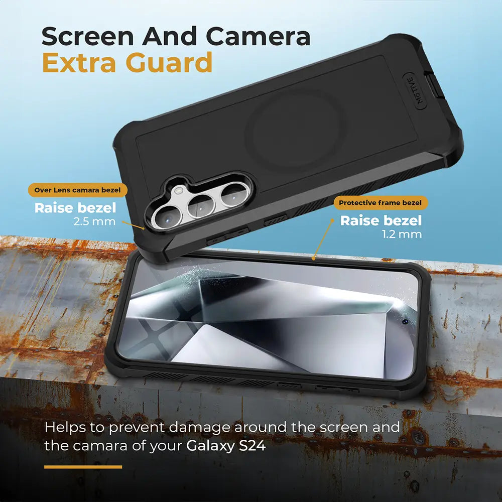 Galaxy S24 heavy duty case and holster providing screen and camera protection.