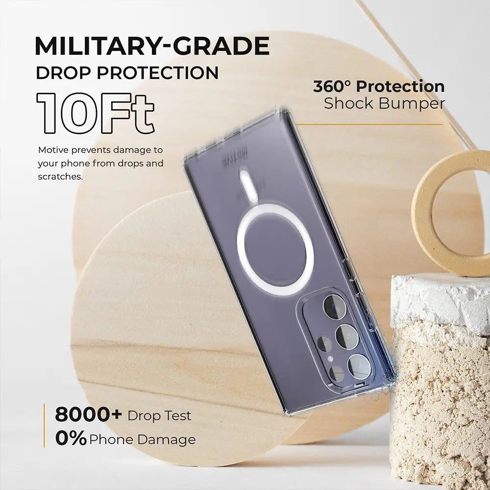 Military-grade drop protection for Galaxy S24 Ultra. This clear case has passed over 8,000 drop tests from 10 feet, providing 360-degree protection with a shock-absorbing bumper. #GalaxyS24Ultra #ClearCase #MilitaryGrade #DropProtection