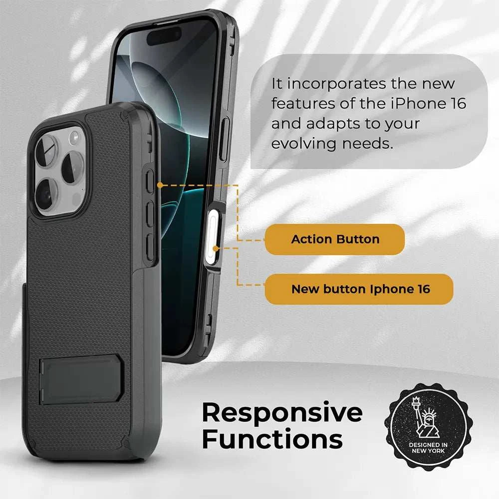 Black iPhone 16 Pro case with a responsive action button, designed to fit the new iPhone 16 model. The case offers a sleek and durable design, perfect for everyday use. #iPhone16Procase #iPhone16accessories #phonecase