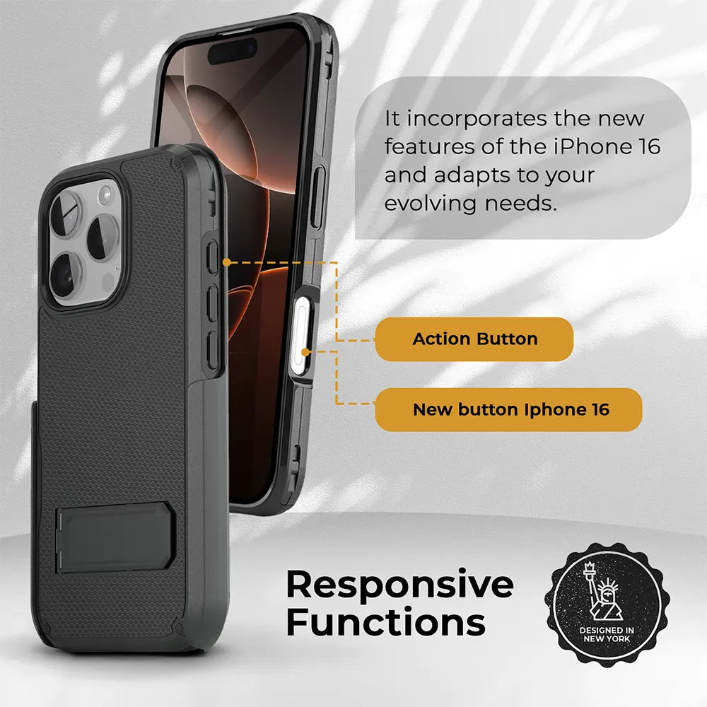 A black iPhone 16 case with a responsive action button and a built-in kickstand. The case is designed to fit the new iPhone 16 perfectly and offers a secure fit