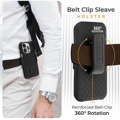 iPhone 15 Pro case with belt clip demonstrating 360° rotation and stylish design.