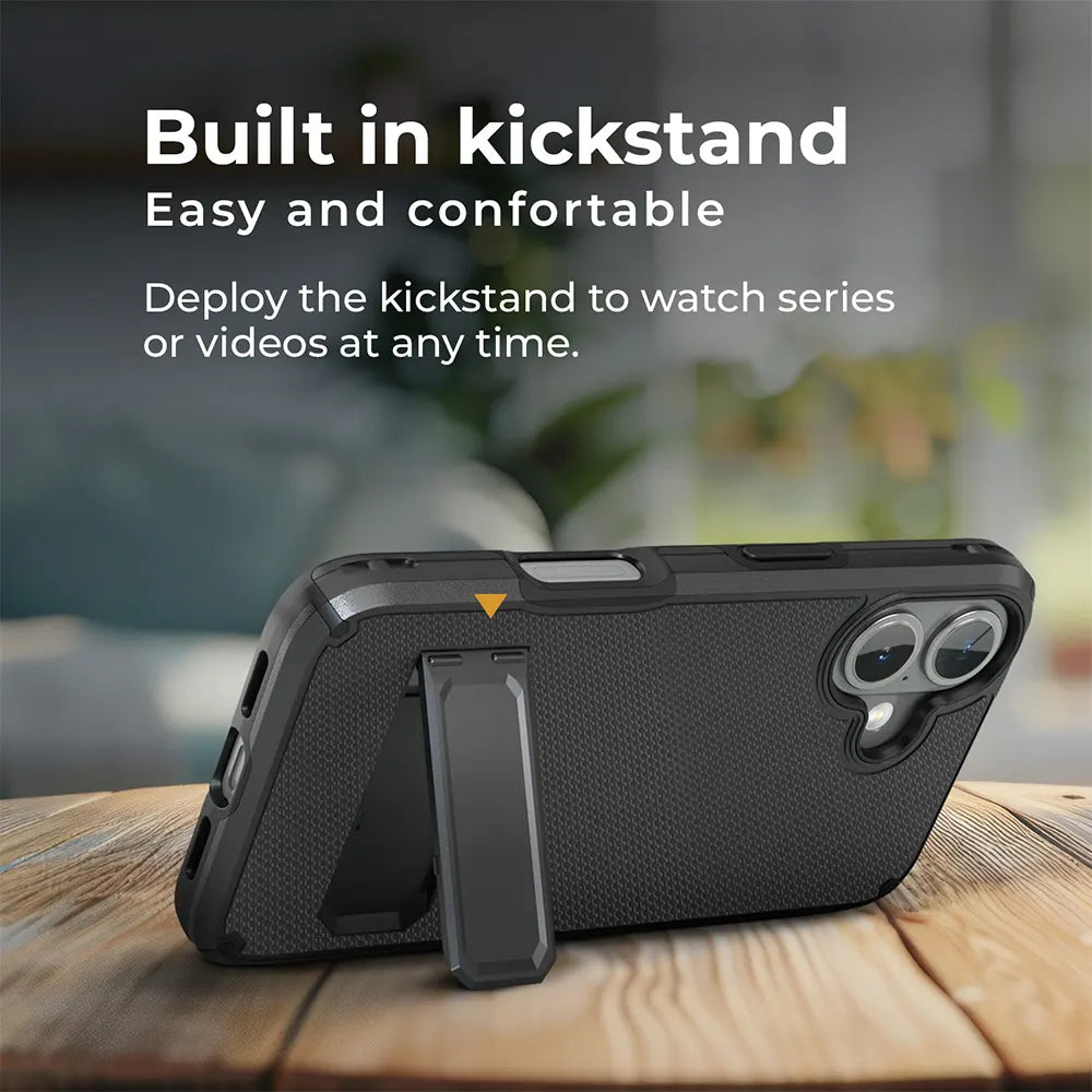 A versatile iPhone 16 case with clip allows for easy hands-free viewing with its built-in kickstand. Perfect for watching videos or taking video calls