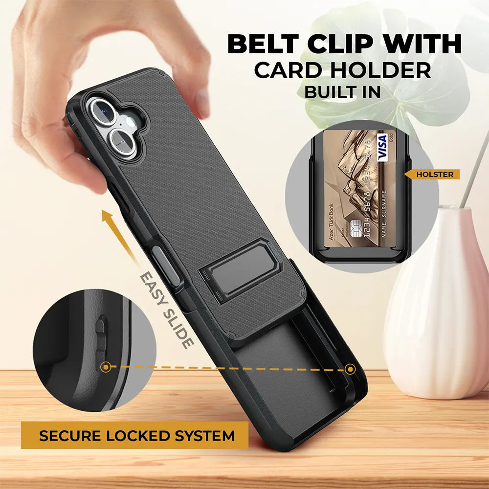 iPhone 16 Plus case with belt clip, showing precise cutouts for easy access to all buttons, ports, and camera