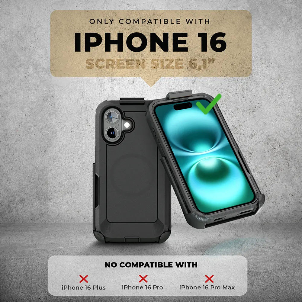 iPhone 16 case with belt clip, heavy duty holster, rugged protection, 6.1-inch compatibility.