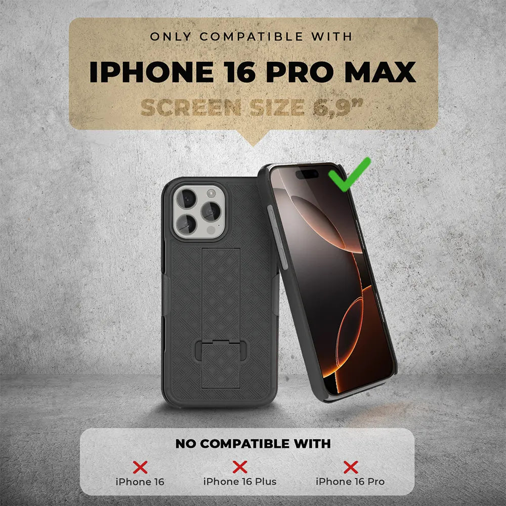 A black iPhone 16 Pro Max in a holster case with a belt clip. Text overlay indicates compatibility with iPhone 16 Pro Max only. #iPhone16ProMax #Holster #PhoneCase #Compatibility