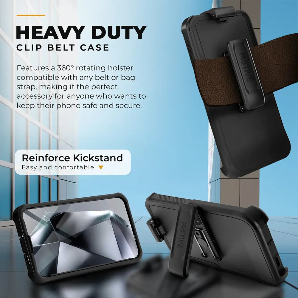 Galaxy S24 Heavy duty Case & Holster with rotating clip and reinforce kickstand for ultimate device protection.