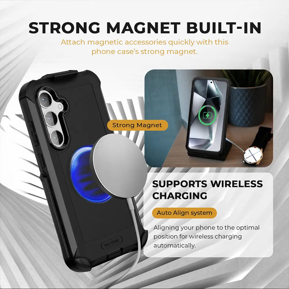 Galaxy S24 heavy duty case with strong magnet and wireless charging capability.