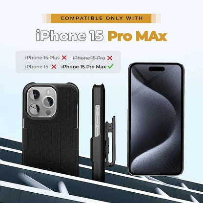 Durable iPhone 15 Pro Max case with belt clip, military-grade protection, and built-in kickstand.