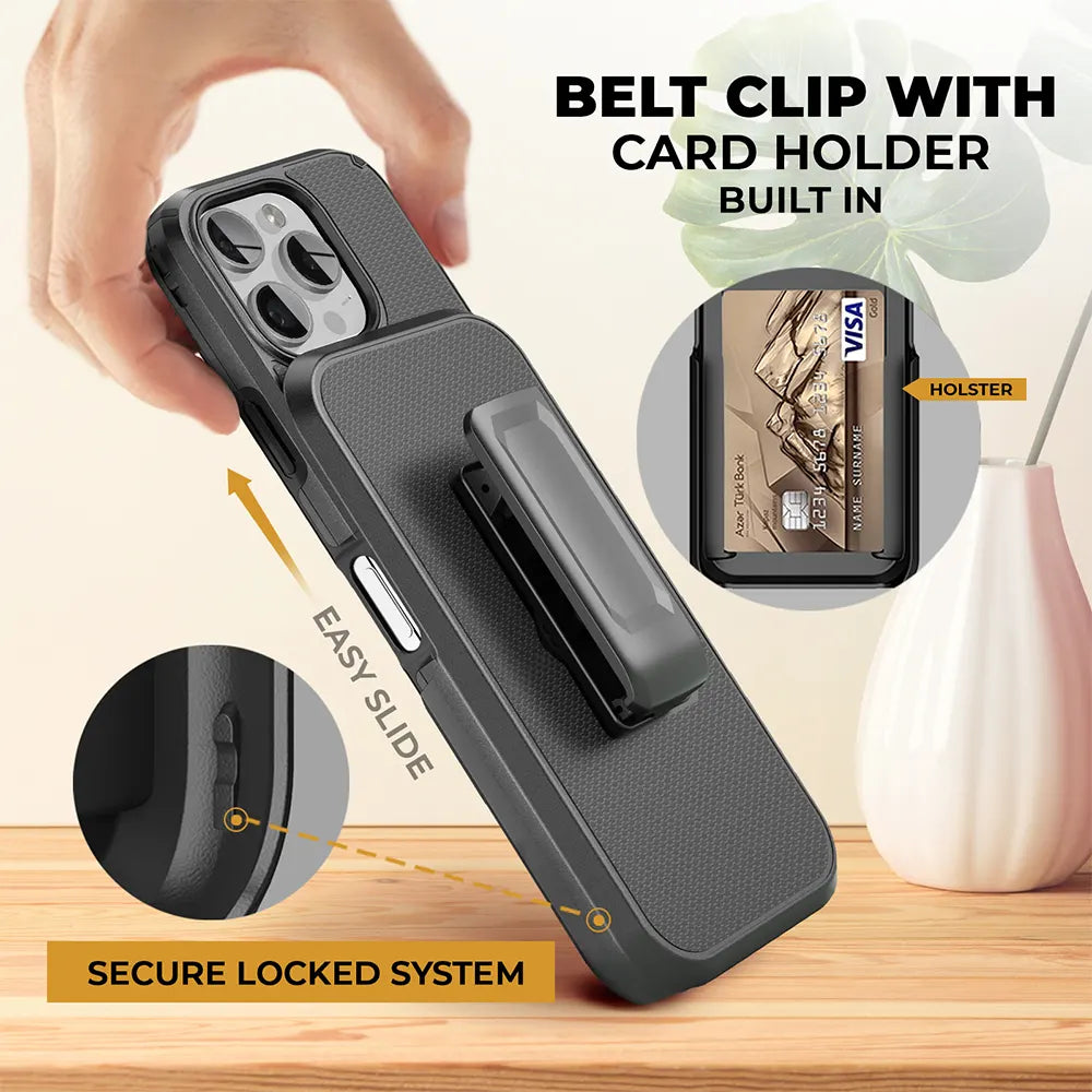 Versatile iPhone case with a belt clip for hands-free carrying and a built-in card holder for added convenience. The case features a secure locking system. Image of a person holding an iPhone in a case with a belt clip and a card holder