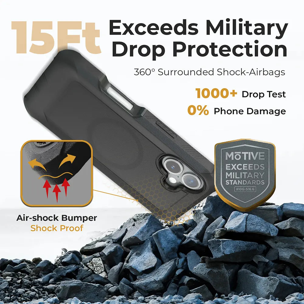 iPhone 16 case with belt clip featuring military-grade drop protection and air-shock bumpers.