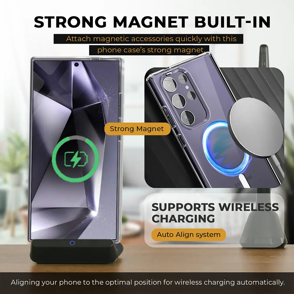 Convenient Galaxy S24 Ultra case featuring a strong magnet for easy attachment of magnetic accessories. Supports wireless charging for hassle-free power-ups. #GalaxyS24Ultra #ClearCase #MagneticAccessories #WirelessCharging