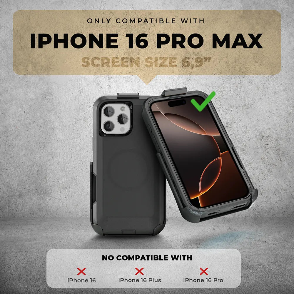 iPhone 16 Pro Max rugged case with belt clip and kickstand, military-grade shockproof, compatible with wireless charging.