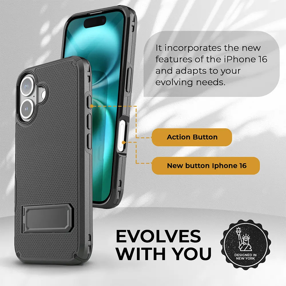 A sleek black iPhone 16 case with clip designed to complement the new features of the iPhone 16. Its versatile design adapts to your lifestyle.