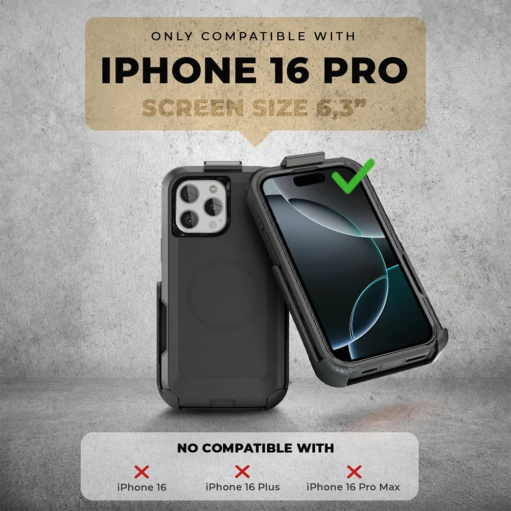 iPhone 16 Pro heavy-duty case with holster, shockproof, wireless charging compatible, military-grade protection.