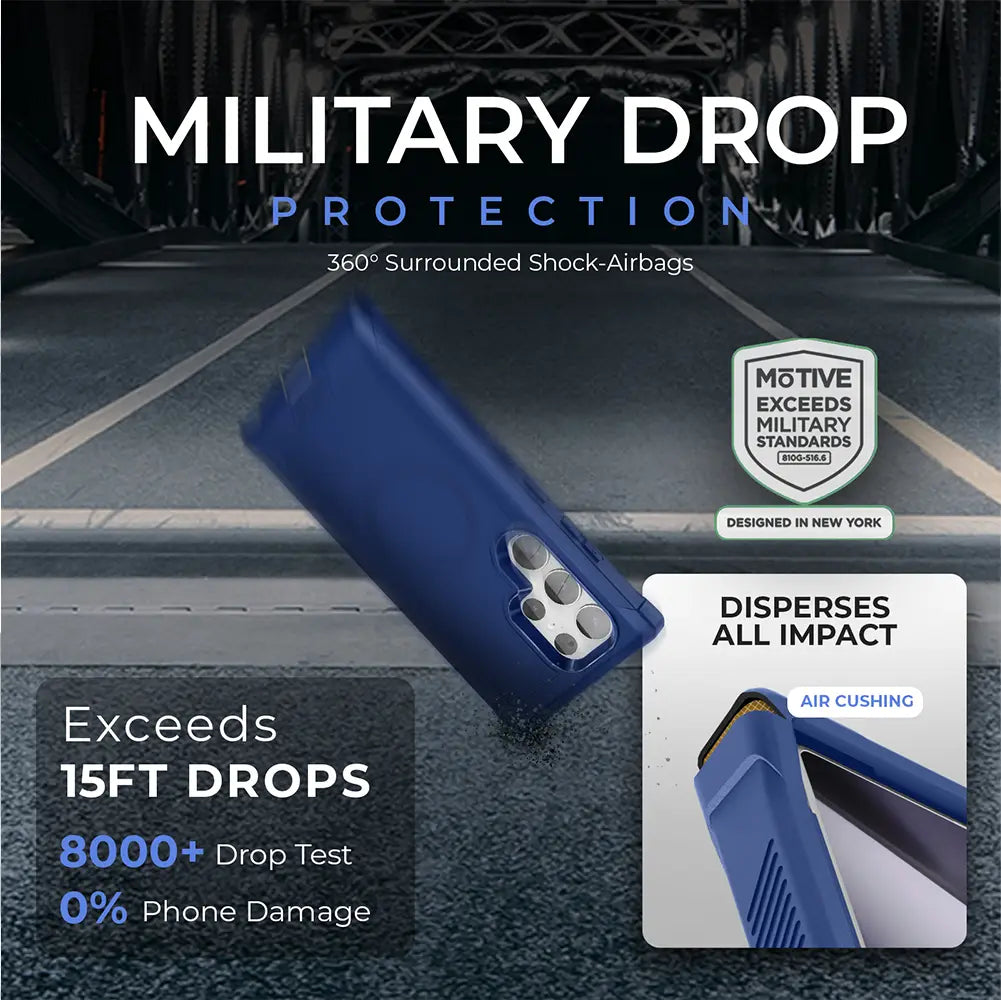 Heavy duty Galaxy S24 Ultra case and holster with military-grade drop protection and 360-degree coverage.