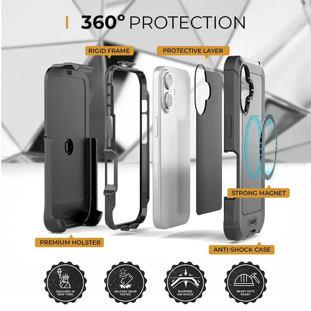 iPhone 16 case with belt clip featuring 360-degree protection, rigid frame, protective layer, strong magnet, premium holster, and anti-shock case.