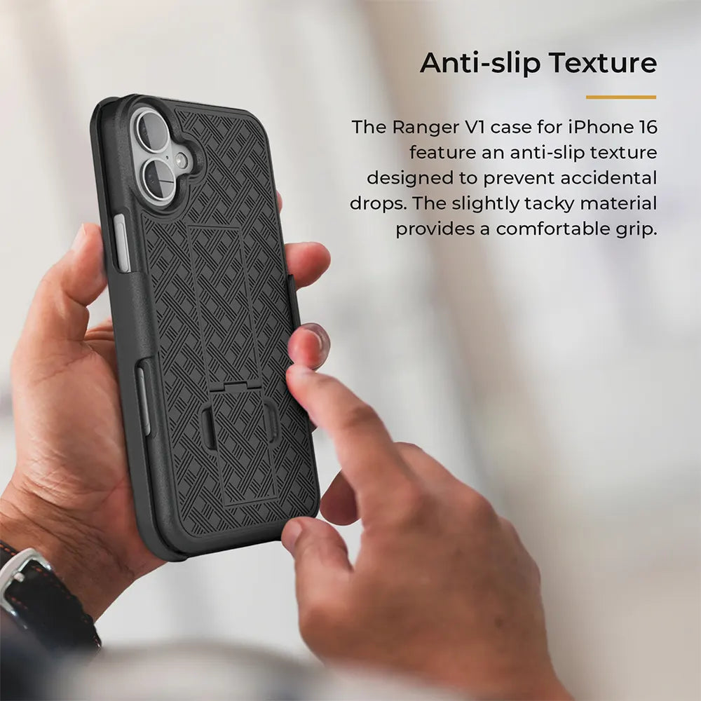 A hand holding a black iPhone 16 Plus in a case with a non-slip texture. The case features a belt clip and is designed to prevent accidental drops. Text reads "Anti-slip Texture. The Ranger V1 case for iPhone 16 feature an anti-slip texture designed to prevent accidental drops. The slightly tacky material provides a comfortable grip."