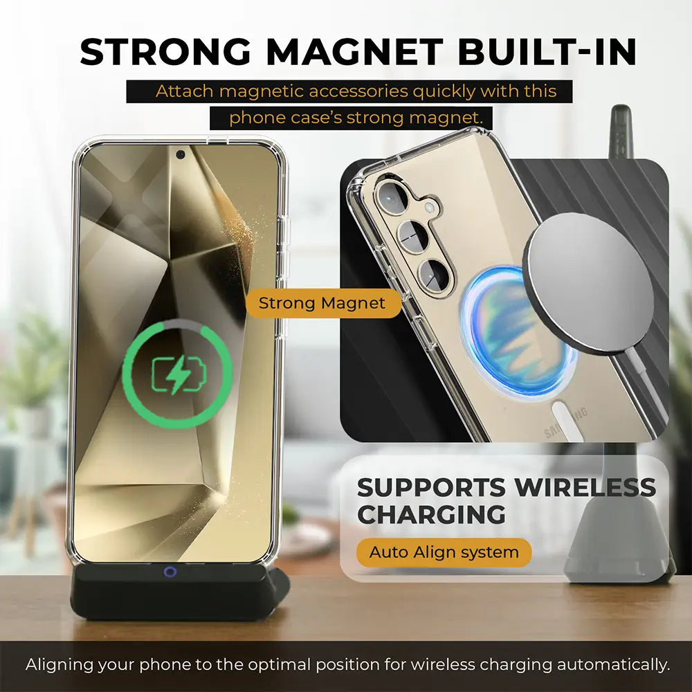 Galaxy S24 Plus clear case with strong magnet and wireless charging support.