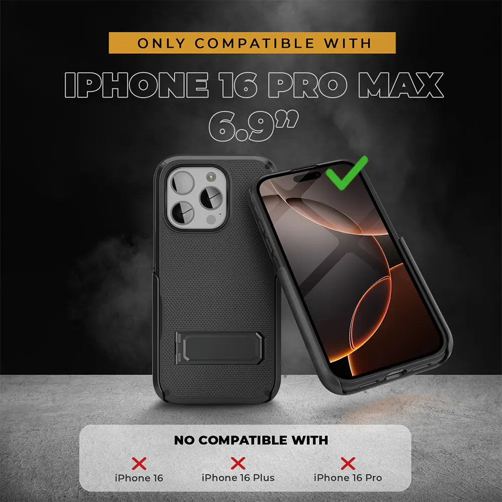 Black iPhone 16 Pro Max case with a belt clip. Designed specifically for the 6.9-inch iPhone 16 Pro Max. Not compatible with other iPhone 16 models