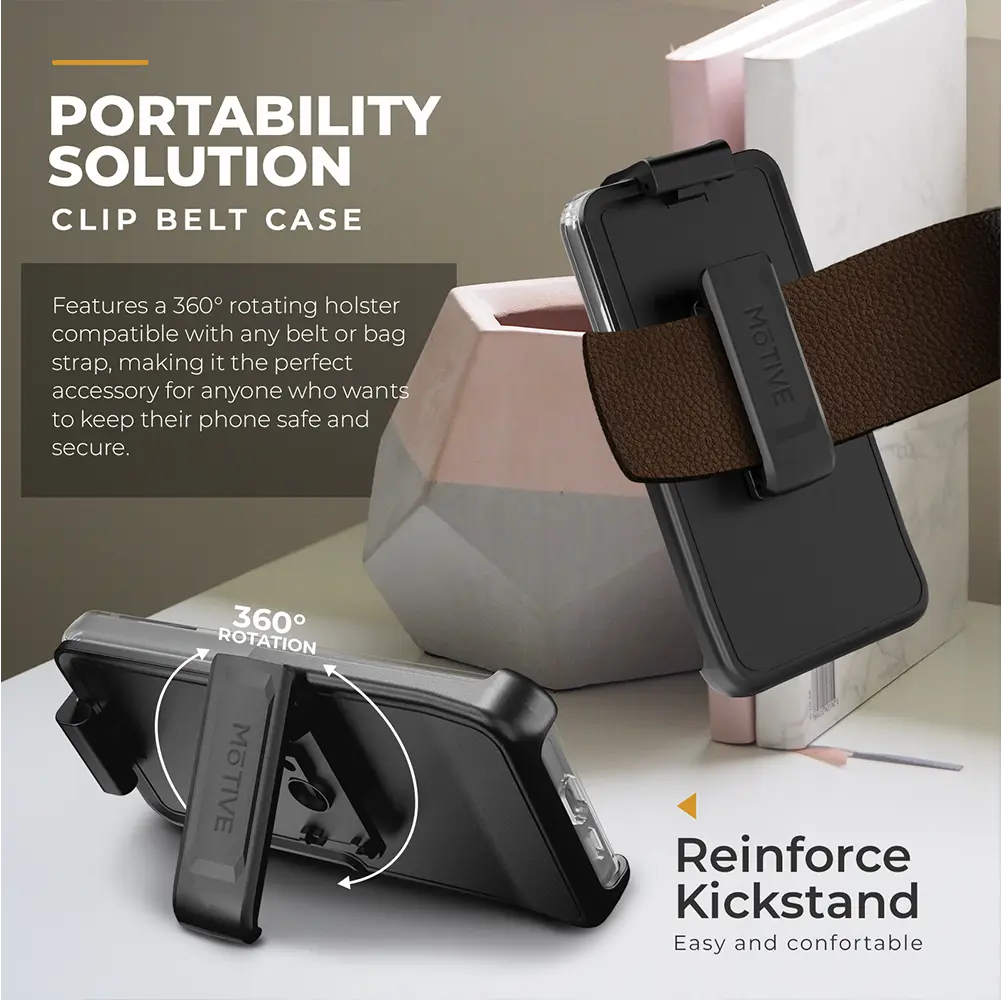 Galaxy S24 Clear Case & Holster with 360-degree rotating clip and reinforced kickstand for durable protection.