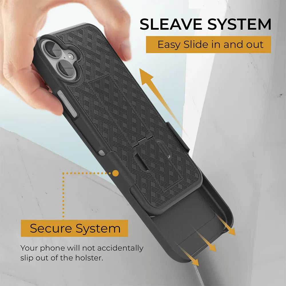 A hand demonstrating the easy slide-in and slide-out feature of a black iPhone 16 Plus case with a belt clip. Text reads "Sleeve System. Easy Slide in and out. Secure System. Your phone will not accidentally slip out of the holster.