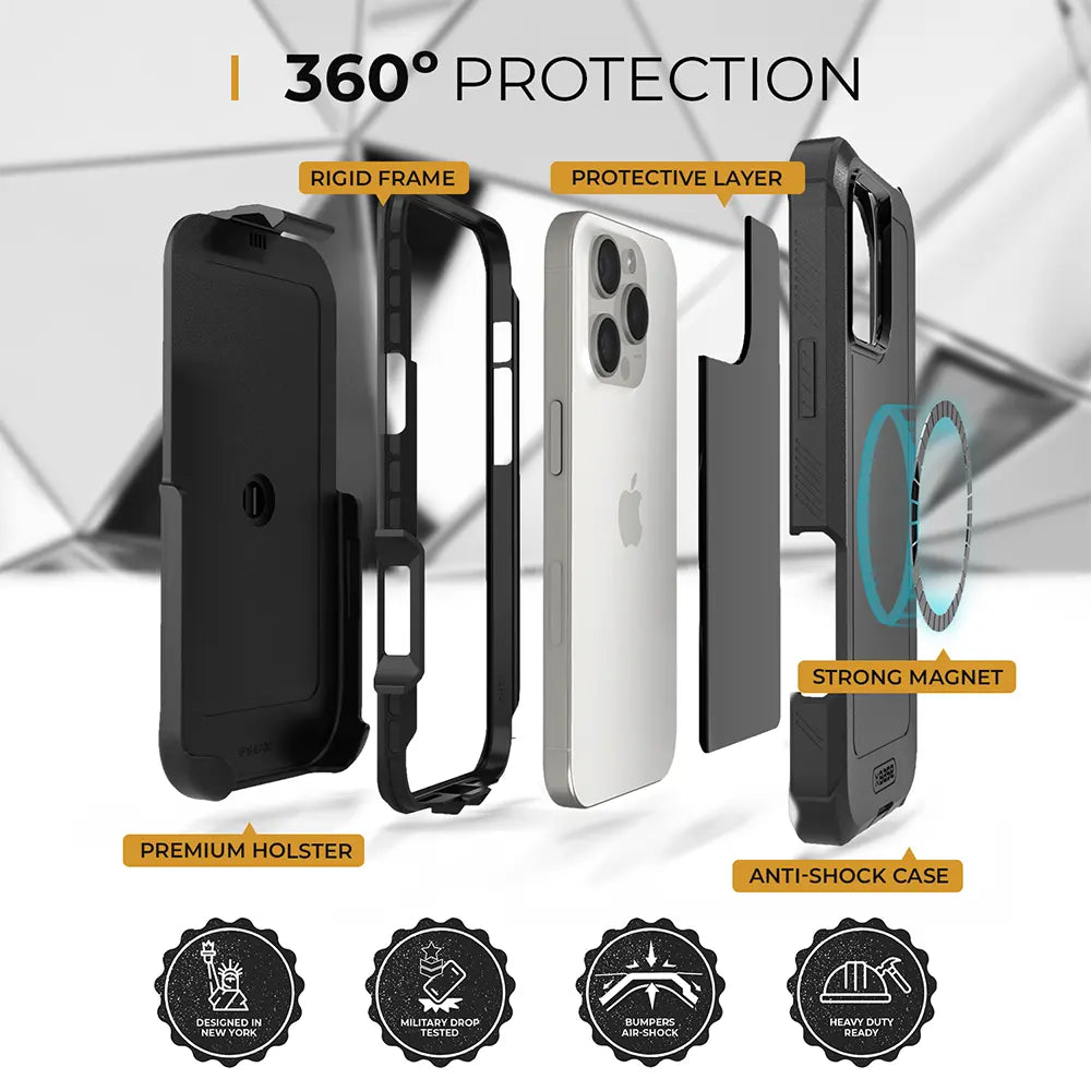 iPhone 16 Pro case and holster with triple-layer protection and belt clip.