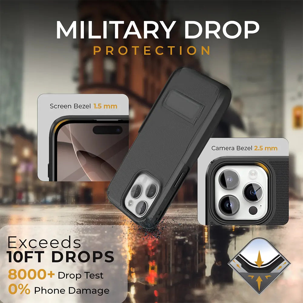 Military-grade protection for iPhone 16 Pro Max. Case with raised bezels to protect the screen and camera from drops up to 10 feet. Over 8000 drop tests with zero phone damage