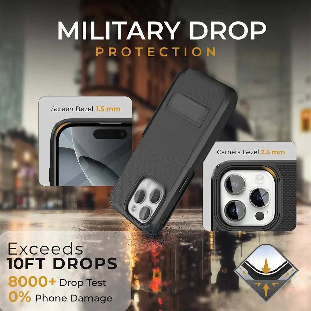 Black iPhone 16 Pro Max case with military-grade drop protection. Exceeds 10ft drop tests with 0% phone damage. Features raised bezels for added screen and camera protection. #iPhone16ProMaxcase #militarygrade #droptest