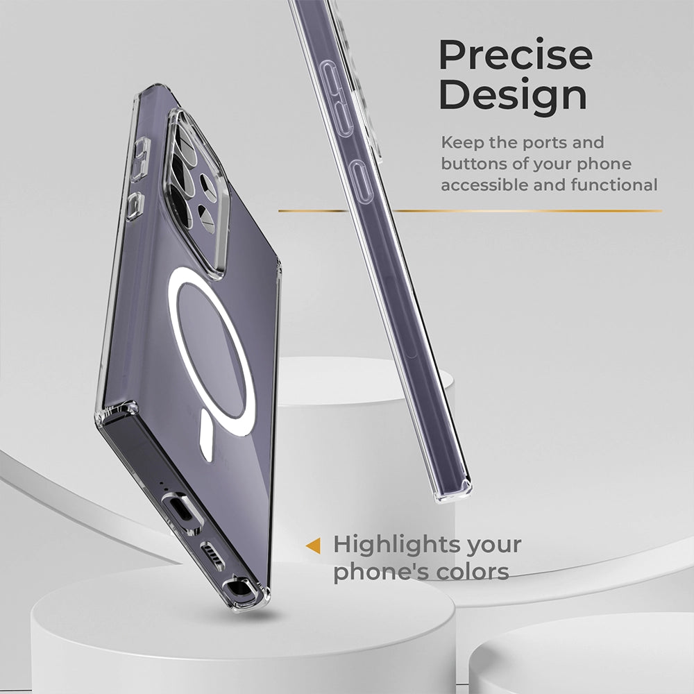 Galaxy S24 Ultra clear case with a magnetic ring. The image highlights the case's compatibility with the S24 Ultra and its magnetic accessory feature. #GalaxyS24Ultra #ClearCase #MagneticRing #CompatibleCase