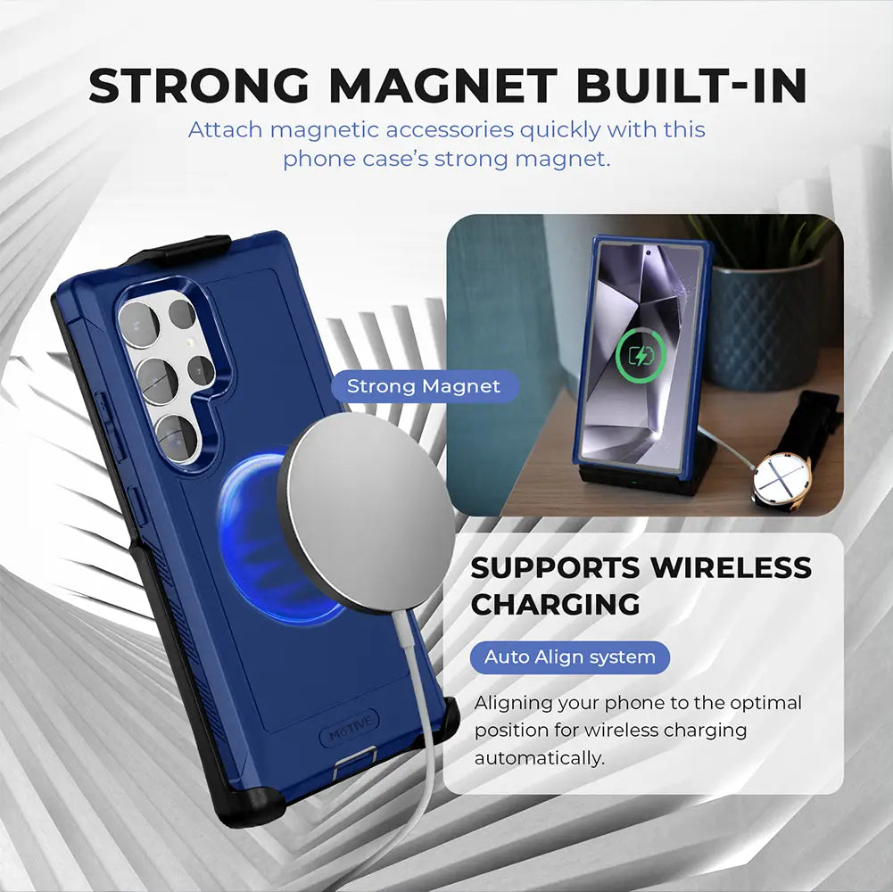 Galaxy S24 Ultra Case & Holster with strong magnet and wireless charging support.