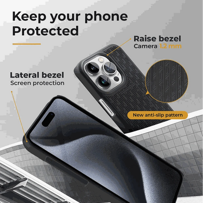 Durable iPhone 15 Pro case with belt clip, featuring raised bezels for camera and screen protection, and anti-slip pattern.