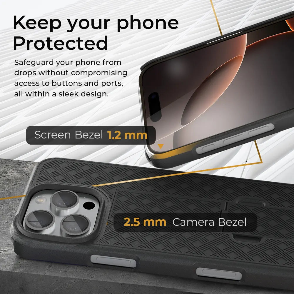 Safeguard your iPhone 16 Pro Max with this rugged holster case. The raised bezels provide enhanced protection for the screen and camera. The image highlights the 1.2mm screen and 2.5mm camera bezels. #iPhone16ProMaxHolster #PhoneCase #Protection #Rugged