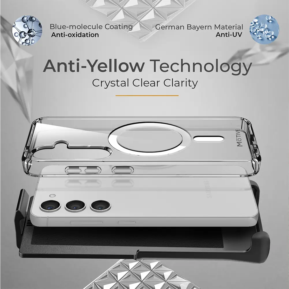 Galaxy S24 Clear Case & Holster with Anti-Yellow Technology and Shockproof Design.