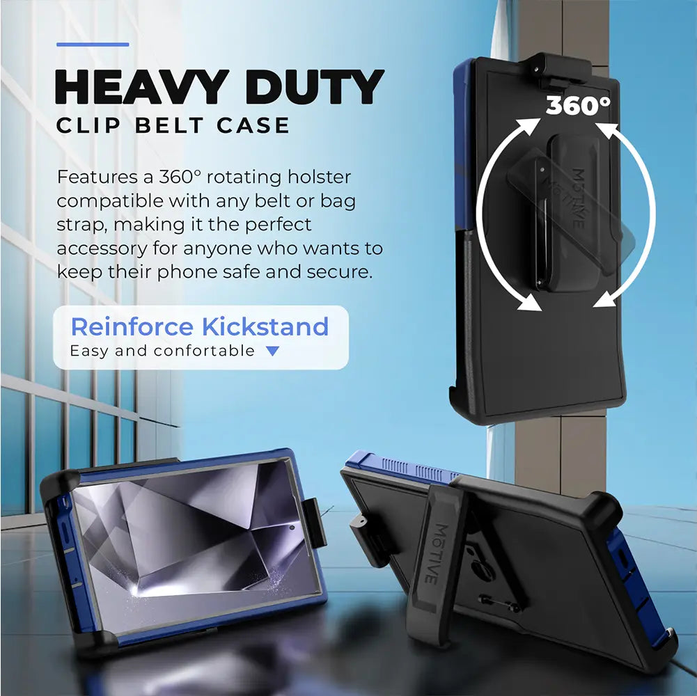 Galaxy S24 Ultra Case & Holster with kickstand and 360-degree rotating belt clip, heavy duty protection.