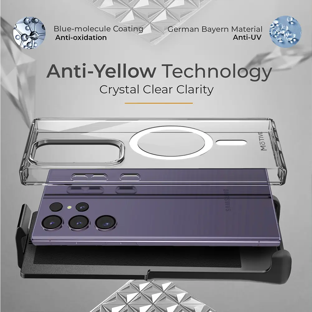 Clear phone case and holster for Samsung Galaxy S24 Ultra with anti-yellowing technology and crystal clear clarity.