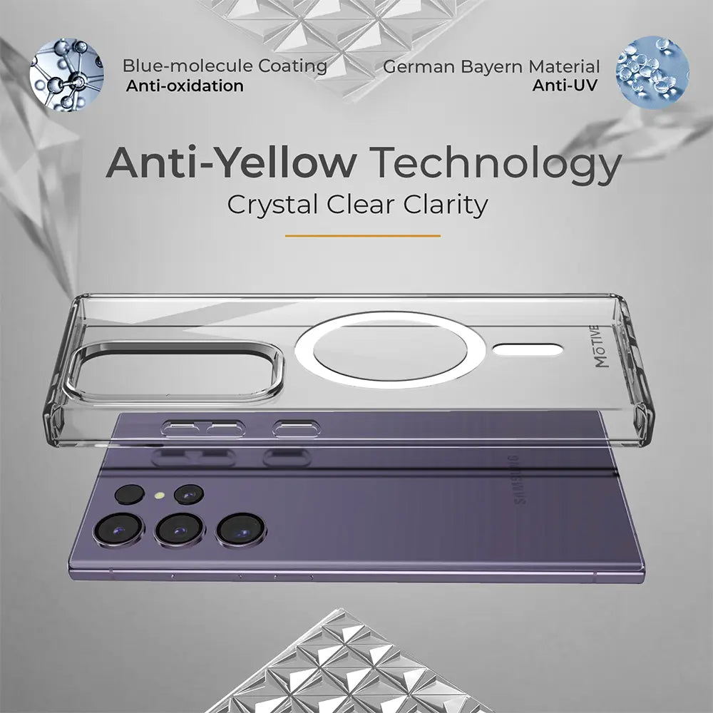 Crystal clear, anti-yellow Galaxy S24 Ultra case made with German Bayer material. The case features a blue-molecule coating for ultimate protection against oxidation and UV rays. #GalaxyS24Ultra #ClearCase #AntiYellow #GermanMaterial #Motive