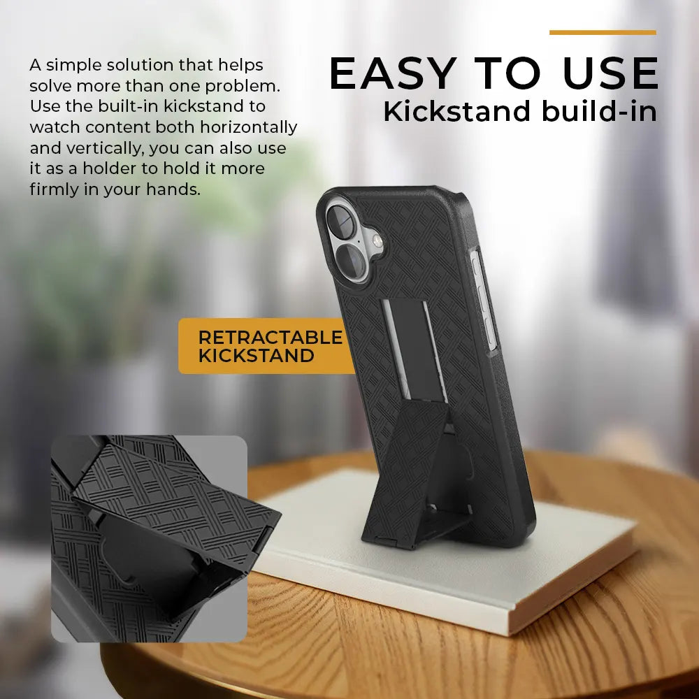 A black iPhone 16 holster featuring a built-in retractable kickstand. The case allows for hands-free viewing in both landscape and portrait modes.