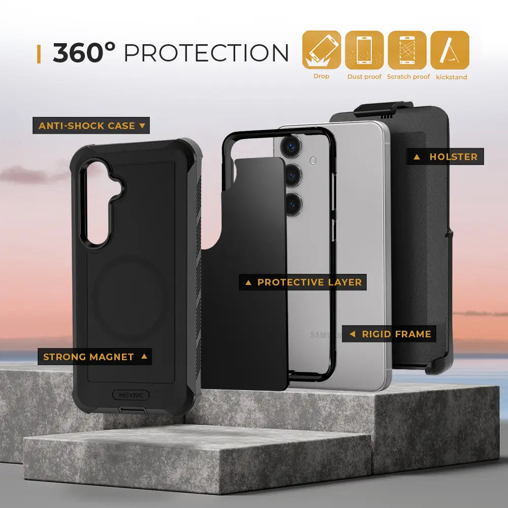 Galaxy S24 heavy duty case and holster with 360-degree protection features.