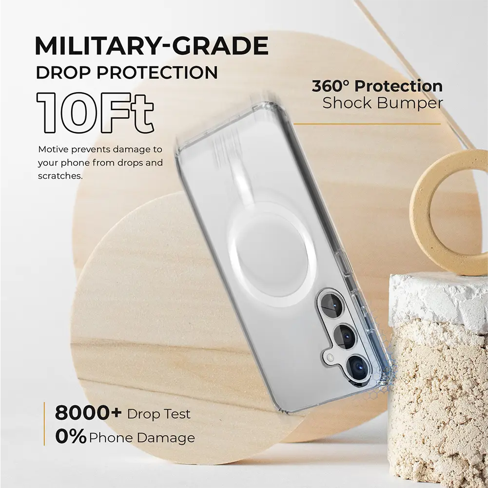 Galaxy S24 Clear Case & Holster with military-grade drop protection and 360° shock bumper.