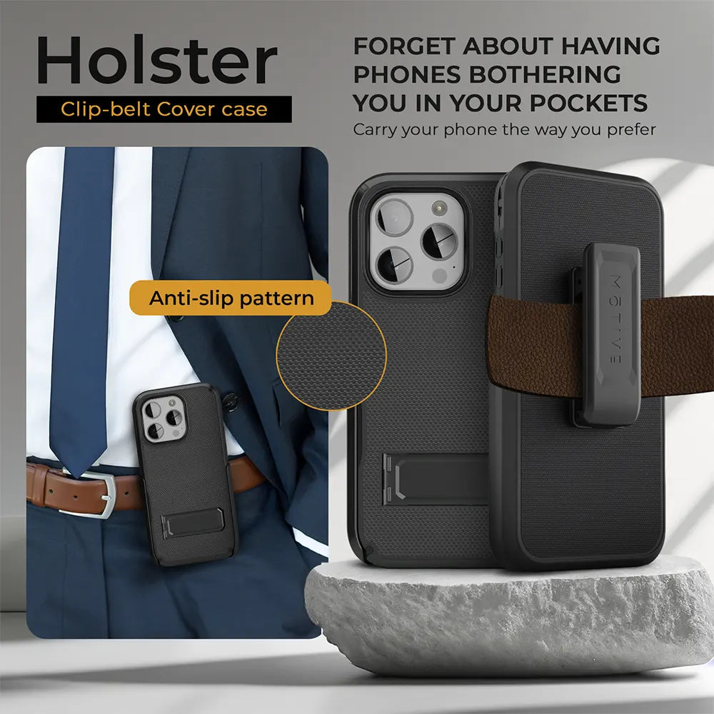 Man's hand holding a black iPhone in a holster case attached to his belt. The case features a 360-degree rotating belt clip and an anti-slip pattern for secure carrying