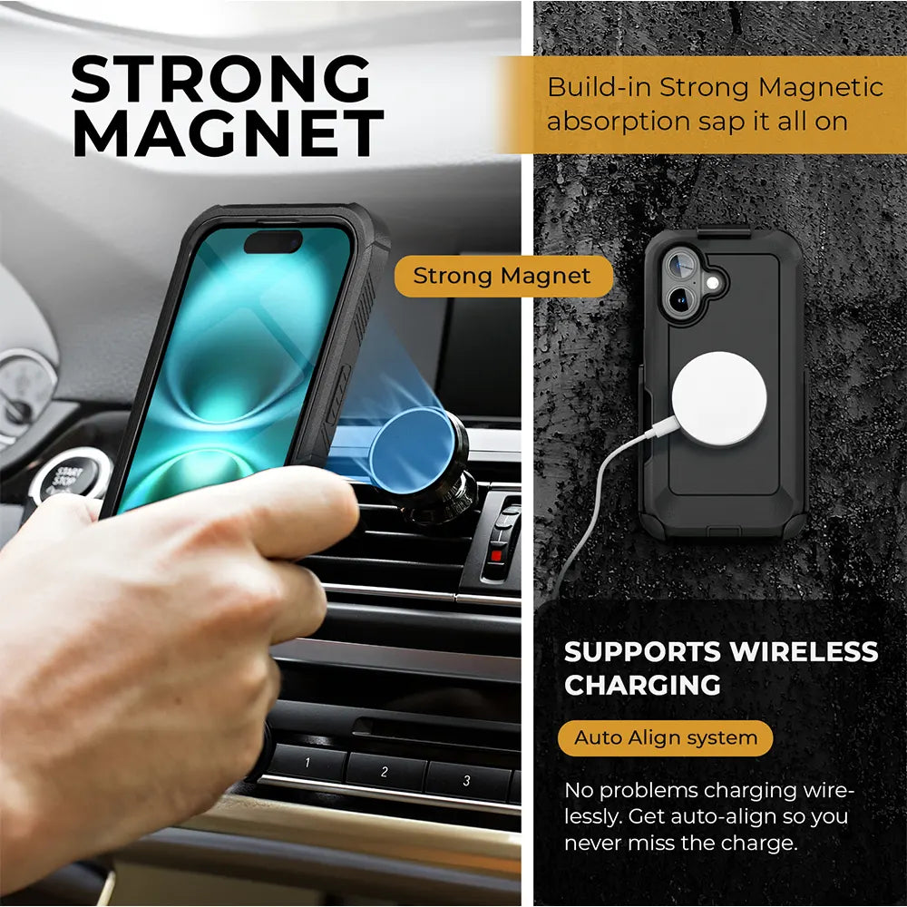 iPhone 16 case with belt clip, strong magnet, supports wireless charging.